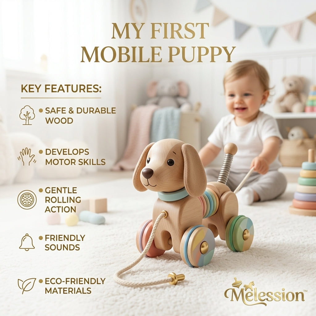 🐶 Melession™ My First Mobile Puppy – Wooden Pull-Along Toy